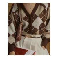 ÁO KHOÁC LEN CADIGAN CỔ V KẺ TRÁM 2 MÀU XANH/NÂU (CÓ ẢNH THẬT)