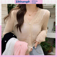Áo khoác len cardigan , áo khoác len mỏng dài tay dáng ngắn màu trắng cổ V 3 cúc phong cách hàn quốc đi biển 23thang9 -