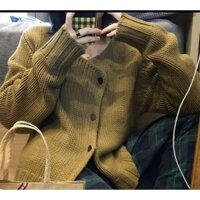 Áo khoác len cardigan dài tay màu vàng gừng, phong cách cổ điển mẫu mới 2023