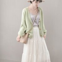 Áo khoác len cardigan đóng cúc, thiết kế trơn đơn giản , dễ phối đồ Ak11 - Xanh