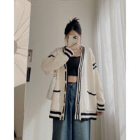 Áo khoác len cardigan form rộng tay dài viền sọc kiểu dáng ulzzang cổ V, áo khoác len dệt kim kẻ sọc màu Kem/Đen
