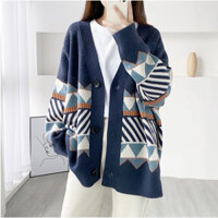 Áo khoác len cardigan form rộng tay dài kẻ ô kiểu dáng ulzzang cổ V, áo khoác len nữ dệt kim hoạ tiết len trám màu be