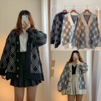 Áo khoác len cardigan kẻ ô dáng rộng tay dài kiểu dáng ulzzang cổ V, áo len nữ dệt kim kẻ ô