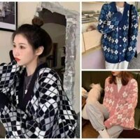 Áo khoác len cardigan kim cương form dài rộng cổ tim Hàn Quốc P780