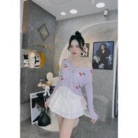 Áo khoác len cardigan nữ dáng lỡ họa tiết cherry