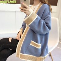 Áo Khoác Len Cardigan Nữ Dày Sọc Đen Trắng Nâu Có Túi Form Rộng Hàng Xuất Có 3 Màu Be,Nâu,Xanh Dương