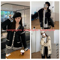 Áo khoác len cardigan nữ form dài phối túi có viền mã 85