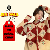 Áo khoác len cardigan nữ tay dài INFLACHI dáng rộng cổ tròn phối màu tương phản kẻ ô kim cương caro phong cách G-12