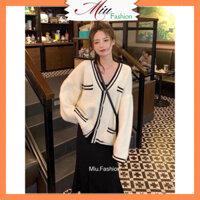 Áo khoác len cardigan nữ viền màu cổ tim giả túi freesize MS827
