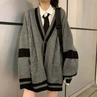 Áo Khoác Len Cardigan Phối Màu Xám Đen Trẻ Trung Phong Cách Hàn Quốc