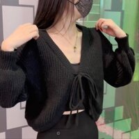 Áo Khoác Len cardigan Tay Phồng Ngắn Cổ Chữ v Thời Trang Mùa Thu Phong Cách Hàn Quốc Mới