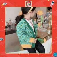 Áo khoác len cardigan xanh họa tiết kẻ ô cho bé gái & bé trai (Nặng 10-35kg, cao 90-150cm) N01273