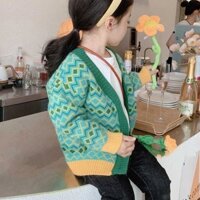 Áo khoác len cardigan xanh họa tiết kẻ ô cho bé gái & bé trai (N01273)