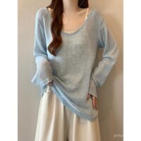 Áo khoác len cổ chữ V màu xanh nhạt cho phụ nữ, áo vest ren nhiều lớp, mùa xuân 2025, kích thước lớn, mỏng, hơi trong suốt, áo khoác giả hai mảnh