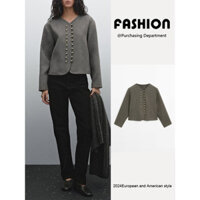 Áo khoác len cổ chữ V ngắn màu nâu xám mới mùa xuân Za dành cho nữ 06014549 830