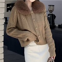 Áo Khoác Len Cổ Lông Tiểu Thư, Áo Cadigan Len Nữ Phối Lông Vũ