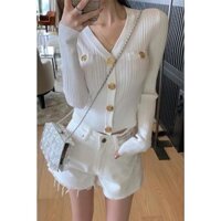 Áo khoác len dài tay bằng lụa băng màu vàng cho mùa thu, áo cardigan ôm sát đa năng, áo bảo vệ nắng, áo điều hòa, áo ngắn CHVT