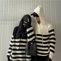 Áo Khoác Len Dài Tay Chui Đầu Kèm Mũ Liền, Kẻ Ngang, Dày Dặn, Ấm Áp, Đồ Đôi, NM0261140