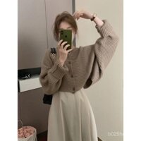 Áo khoác len đan cho phụ nữ, mùa thu và đông dày dạn, dáng rộng, áo len ngắn vintage có tay cánh dơi, trang phục ngoài