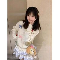 Áo khoác len đan cổ tròn trắng có nơ cho phụ nữ, thiết kế kích thước nhỏ, phong cách lười biếng, áo khoác len đan kim 4OUN