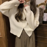 Áo khoác len dây kéo đôi màu trắng áo khoác bóng chày Dệt Kim Mặc ngoài rộng rãi cổ bẻ polo cảm giác thiết kế cho nữ áo khoác