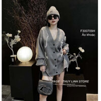 Áo khoác len đen form rộng họa tiết hình chữ thập trắng gài nút cổ tim tay dài hàng Qc