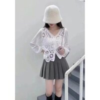 Áo khoác len dệt kim kiểu Pháp cổ V thiết kế rỗng mùa xuân áo chiffon dài tay có chi tiết nhung DARS