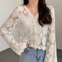 Áo khoác len dệt kim rỗng cổ chữ v thời trang ngắn tay Áo khoác Cardigan dài tay