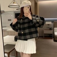 Áo khoác len hai mặt kẻ sọc màu xám Áo khoác nữ phong cách ngắn gọn mùa đông 2024 Thiết kế phong cách Hàn Quốc Áo khoác len thời trang