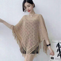 Áo khoác len hình tam giác phong cách Hàn Quốc cho phụ nữ mùa xuân và mùa thu, áo choàng, áo pullover, kích thước lớn, đan len rộng rãi, tua rua, cánh dơi mỏng