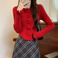 Áo khoác len hoa hồng áo dệt kim Cardigan tôn dáng thon gọn mẫu mới thu đông cho nữ