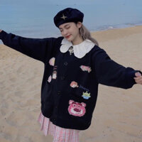 Áo Khoác Len Hoạ Tiết Hoạt Hình cute, Áo Khoác Nữ dáng dài có túi