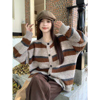 Áo Khoác Len Kẻ Sọc Màu Nâu Áo Khoác Dệt Kim Tôn Dáng Gầy Phong Cách Rộng Rãi Dễ Mang