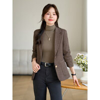 Áo khoác len kẻ sọc màu nâu Áo khoác nữ trang phục công sở mẫu mới thu đông 2024