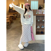 Áo Khoác Len Lông Cổ Tròn Lỗ Gấu Ba Chiều Ngọt Ngào, Váy Kẻ Sọc Dễ Phối Rộng Rãi Cho Nữ, Bộ Hai Chiếc