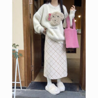 Áo Khoác Len Lông Cổ Tròn Lỗ Gấu Ngọt Ngào, Váy Kẻ Sọc Dễ Phối Rộng Rãi Cho Nữ, Bộ Hai Chiếc