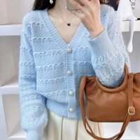 Áo khoác len lông cổ V họa tiết xinh xắn cúc tròn, Áo len nữ chất len mềm mịn dày ấm dành cho nữ 2023