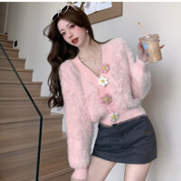 Áo khoác len lông thỏ , áo khoác cardigan nữ cài hoa màu màu trắng màu hồng vải len QCCC Loại 1 không ngứa Larosa