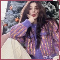 Áo Khoác Len Lông Thỏ Phối Màu Cúc Tim Siêu Xinh