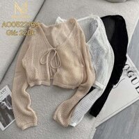 Áo khoác len lưới croptop thắt dây nơ ngực tay hàng chuẩn