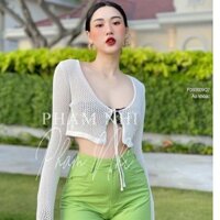 Áo khoác len lưới croptop thắt dây nơ ngực tay dài thời trang