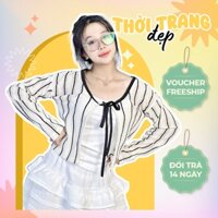 Áo Khoác Len Lưới Tay Dài Thắt Nơ Cổ Dễ Thương Thanh Lịch Freesize Cho Nữ - Áo Cardigan Women