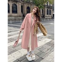 Áo khoác len màu hồng áo khoác nữ dáng dài cao cấp tôn dáng gầy Hepburn Anh dáng nhỏ phong cách Hàn Quốc mẫu mới thu đông cho nữ