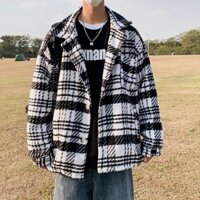 Áo khoác len nam kẻ sọc caro mùa thu đông dáng rộng cổ vest sang trọng, áo khoác nam nữ unisex dài tay basic 8288