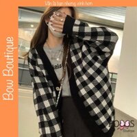 Áo khoác len nữ áo cardigan nữ form rộng dáng dài kẻ caro đen trắng [KCR]
