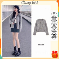 Áo Khoác Len Nữ Cardigan Dệt Kim Dài Tay Màu Xám Lông Chuột Phong Cách Retro Thu Đông Dành Cho Nữ