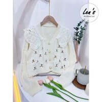 Áo Khoác Len Nữ Cardigan Thêu Hoa Nhí Cổ Bèo Ren