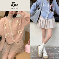 Áo khoác len nữ dệt kim cổ tròn đính nơ phối viền ren mỏng 2 màu dáng rộng siêu dễ thương RANSTORE