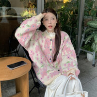 Áo khoác len nữ dệt kim hoa vintage xinh xắn, sweater cardigan nữ dài tay form rộng hàn quốc 3191