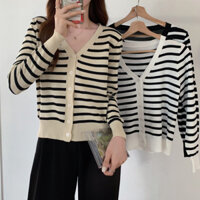 Áo khoác len nữ dệt kim kẻ sọc cổ tim tay dài 6 nút